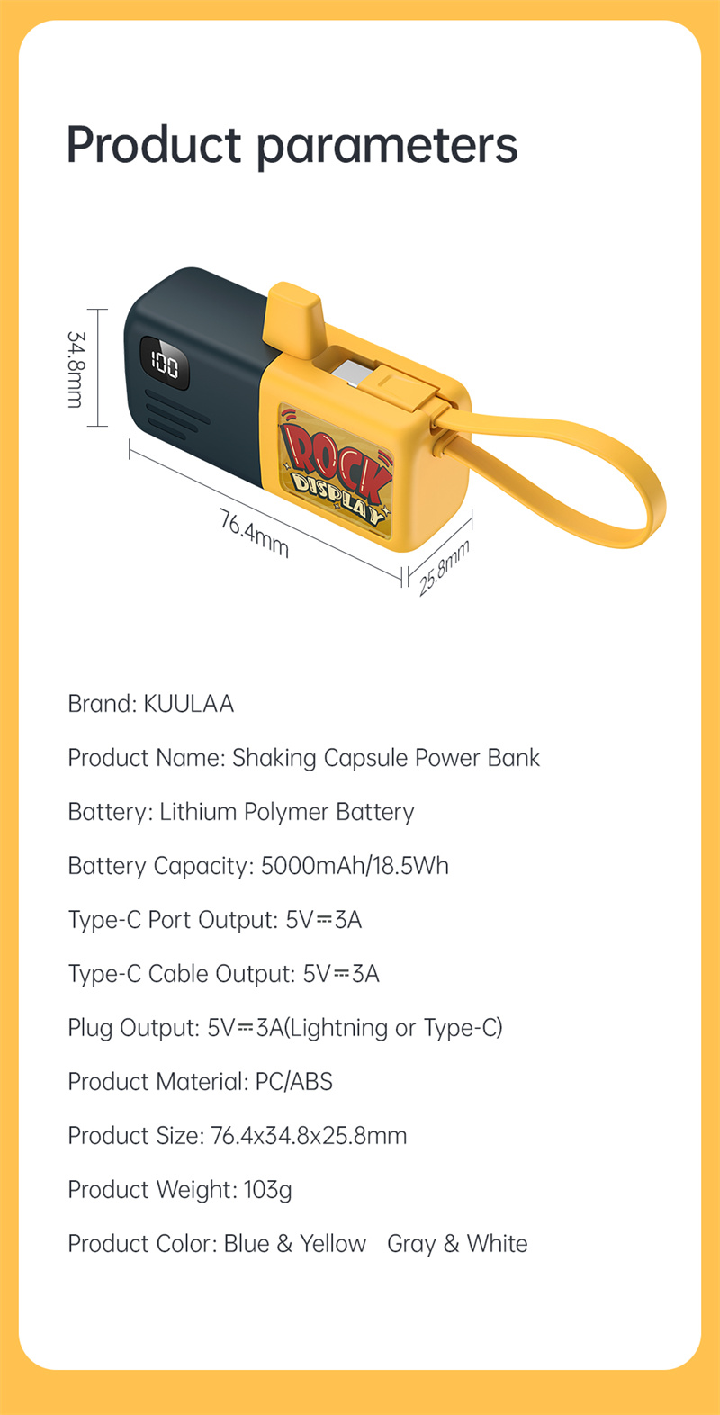 KUULAAKL-YD65185Wh5000mAhShakingCapsulePowerBankExternalBatteryPowerSupplyBuilt-inType-CCableFastCha-2012859-10