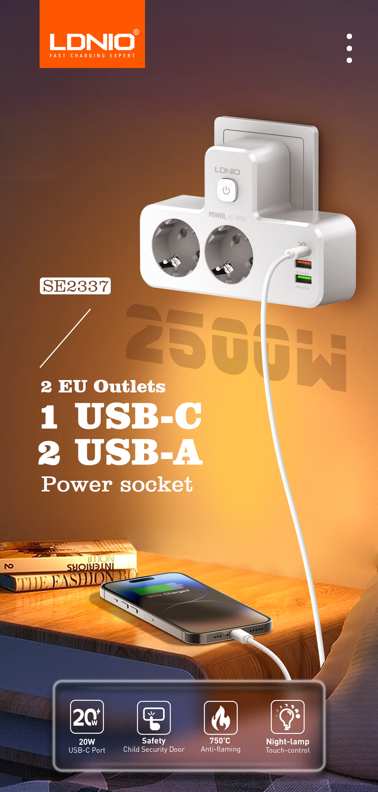 LDNIOSE233720W5-PortUSBPDChargerwith2EUOutputs2USB-AUSB-CPDQC30FastChargingWallChargerAdapterEUPlugf-2006862-1