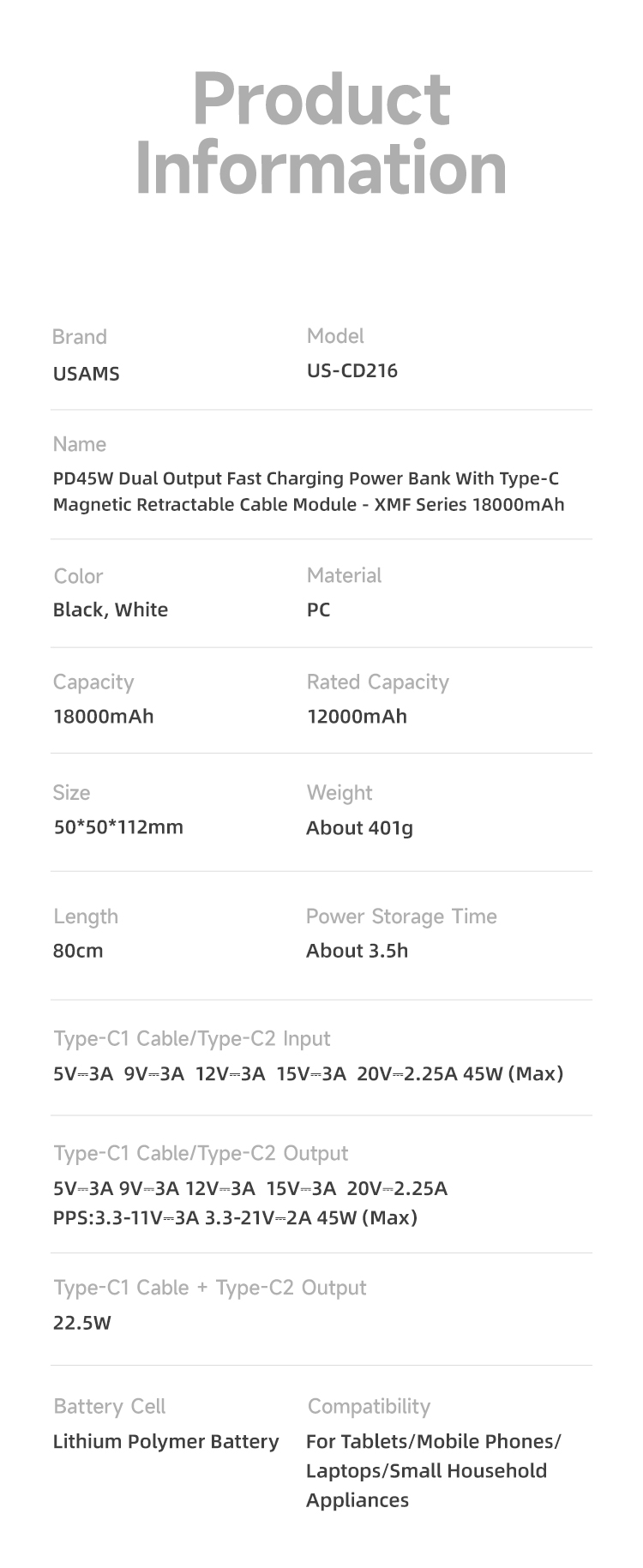 USAMSUS-CD216PD45W18000mAhPowerBankExternalBatteryPowerSupplywithRetractableCableSupportPDQCSCPFCPAE-2007670-12