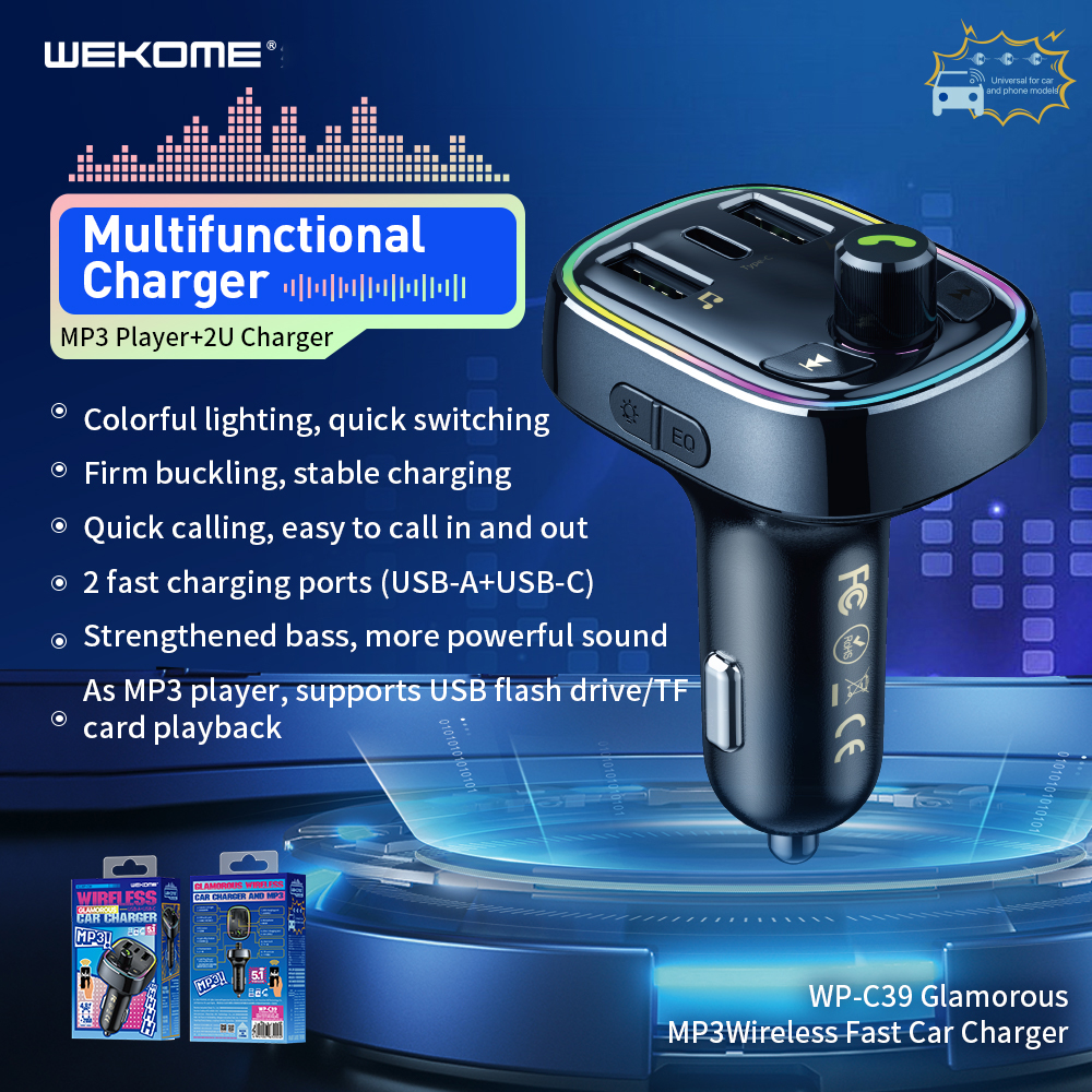 WEKOMEWP-C3916A3-PortUSBPDCarChargerAdapterUSBUSB-CFastChargingwithMP3PlayerColorfulLightforiPhone13-1984833-2