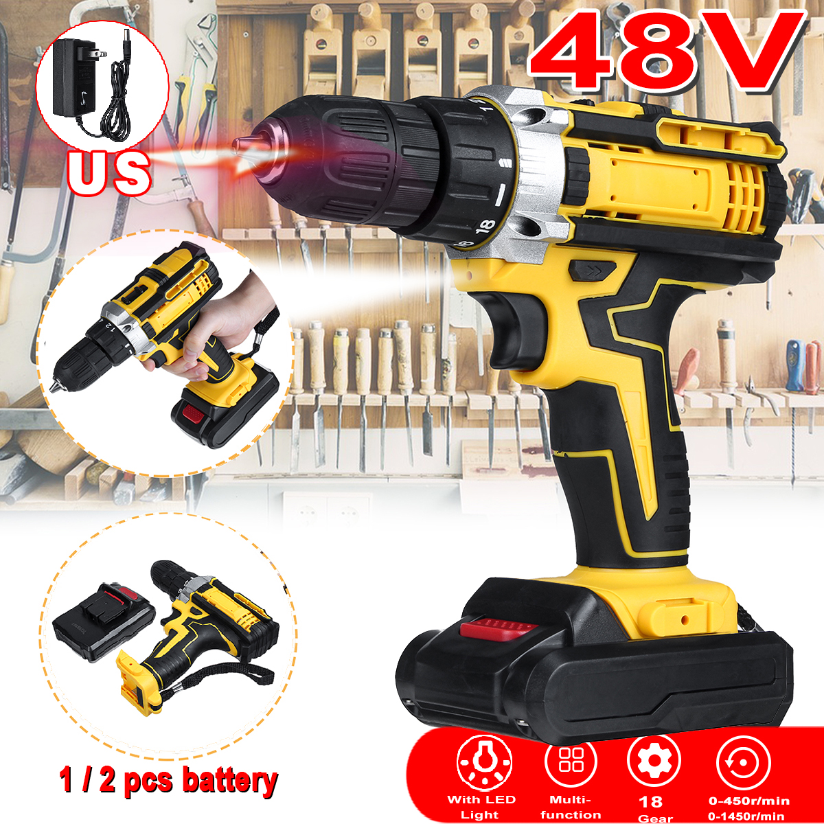 48V2SpeedElectricDrillLi-IonRechargeablePowerHandDrill18GearWithLEDWorkingLightForwardReverseSwitchF-1605260-1