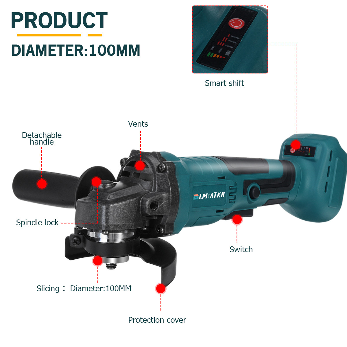 BLMIATKO18V800WLithiumBatteryBrushlessAngleGrinder100MM11000RPMRechargeablePolishingSanderCuttingMac-1638251-5