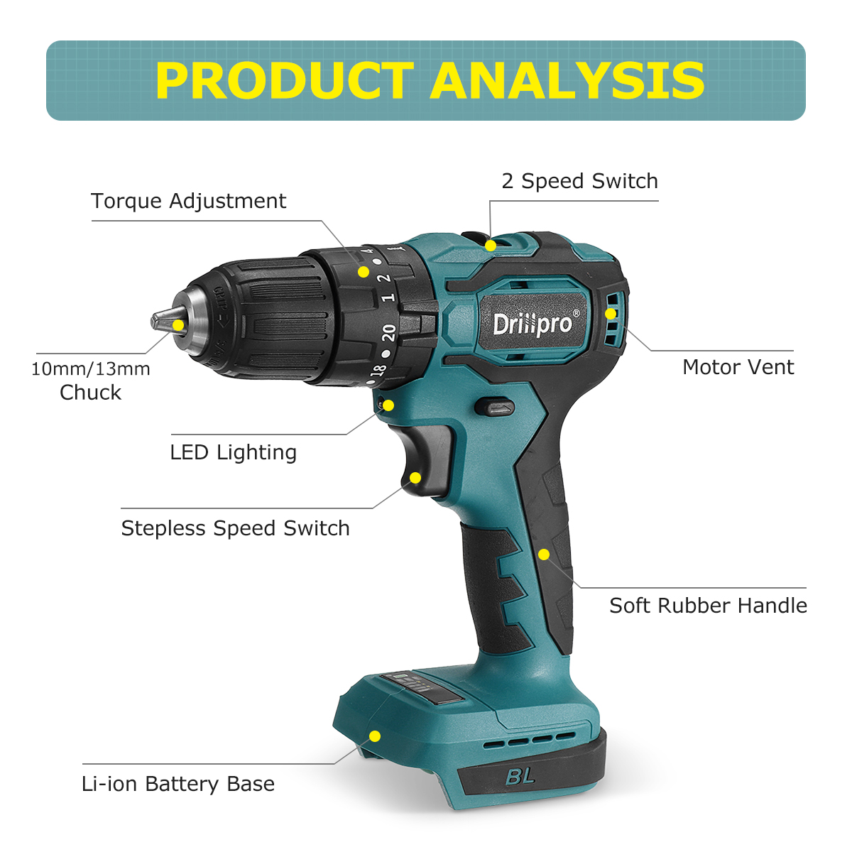 Drillpro10mm13mmCordlessBrushlessImpactDrillDriverRechargableElectricScrewdriverDriverFitMakita-1890675-3