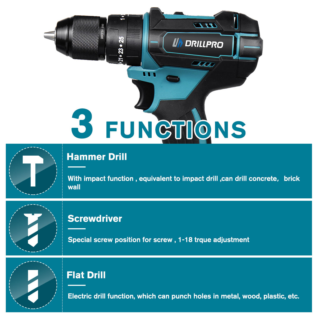 Drillpro10mmChuckImpactDrill350NmCordlessElectricDrillForMak18VBattery4000RPMLEDLightPowerDrills-1642853-3