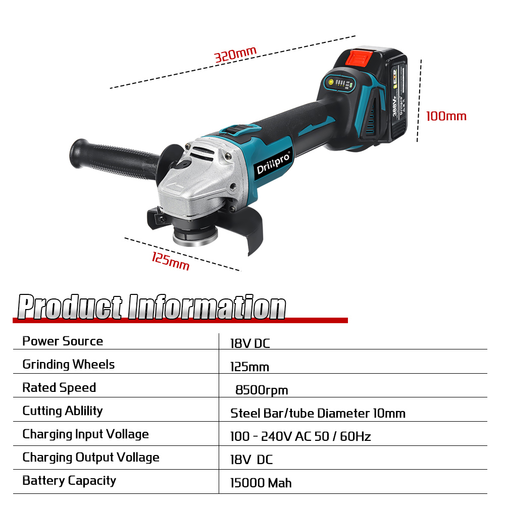 Drillpro125mm18VBrushlessBlueBlackAngleGrinderRechargeableAdjustableSpeedAngleGrinderWithBattery-1806202-9