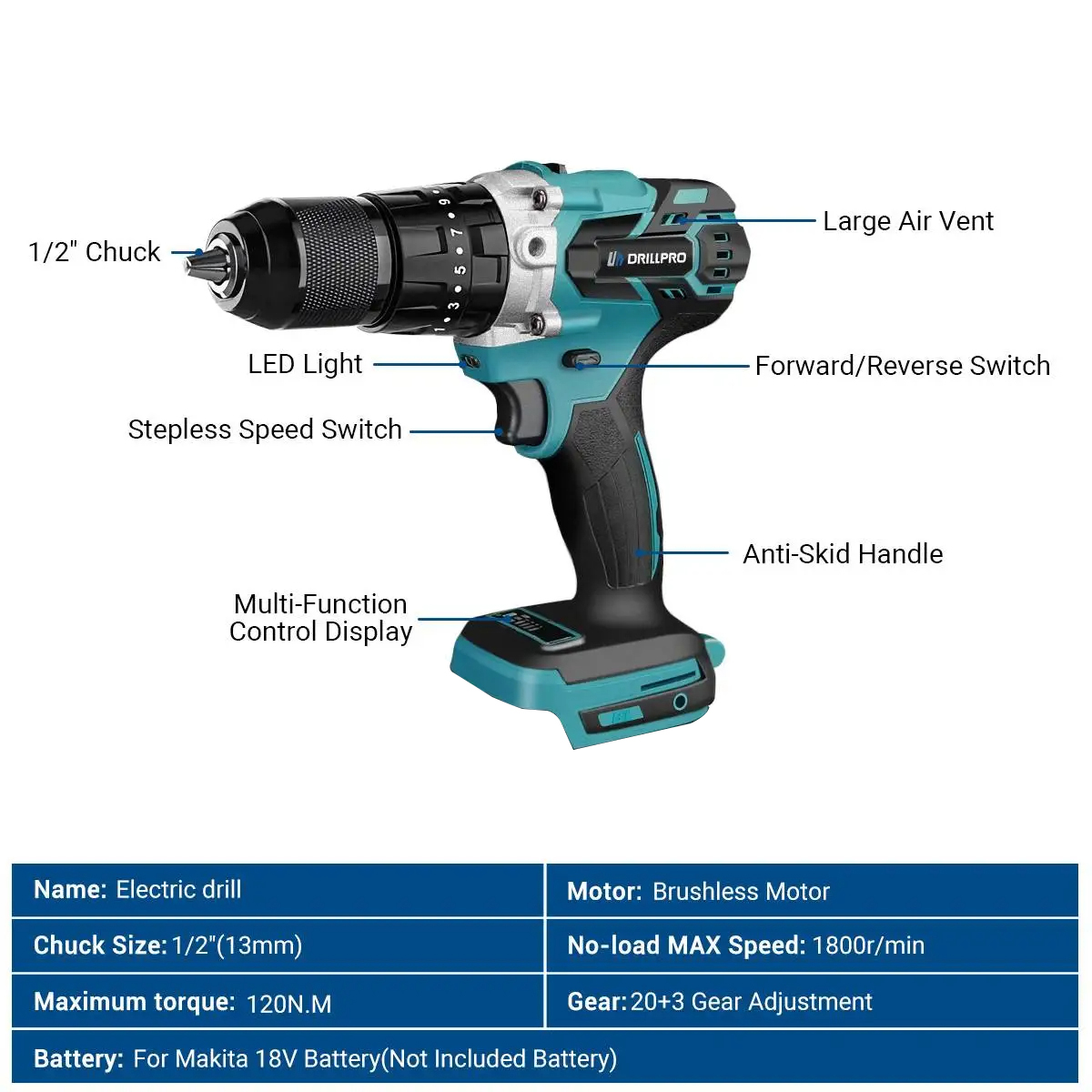 Drillpro13MMBrushlessElectricImpactDrill203TorqueScrewdriverHammerDrillWinterIcePowerToolsForMakBatt-2005464-2