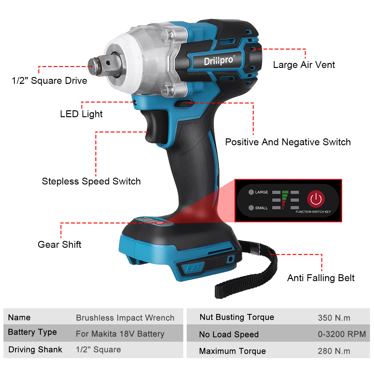 Drillpro18V0-3200RPMCordlessImpactWrenchDriverBrushlessMotorWithLEDLightElectricWrenchAdaptedforMaki-1602645-2