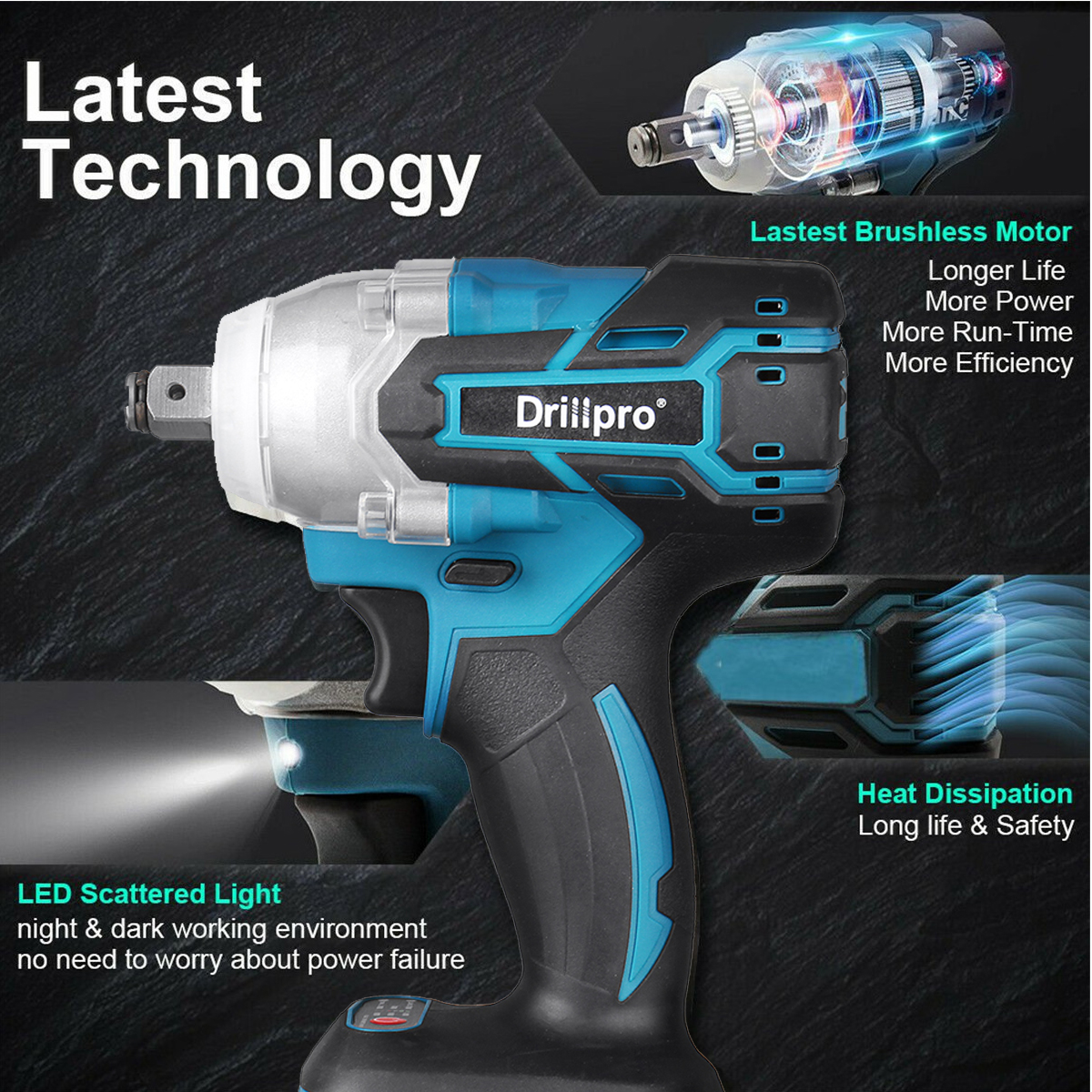 Drillpro18V0-3200RPMCordlessImpactWrenchDriverBrushlessMotorWithLEDLightElectricWrenchAdaptedforMaki-1602645-5