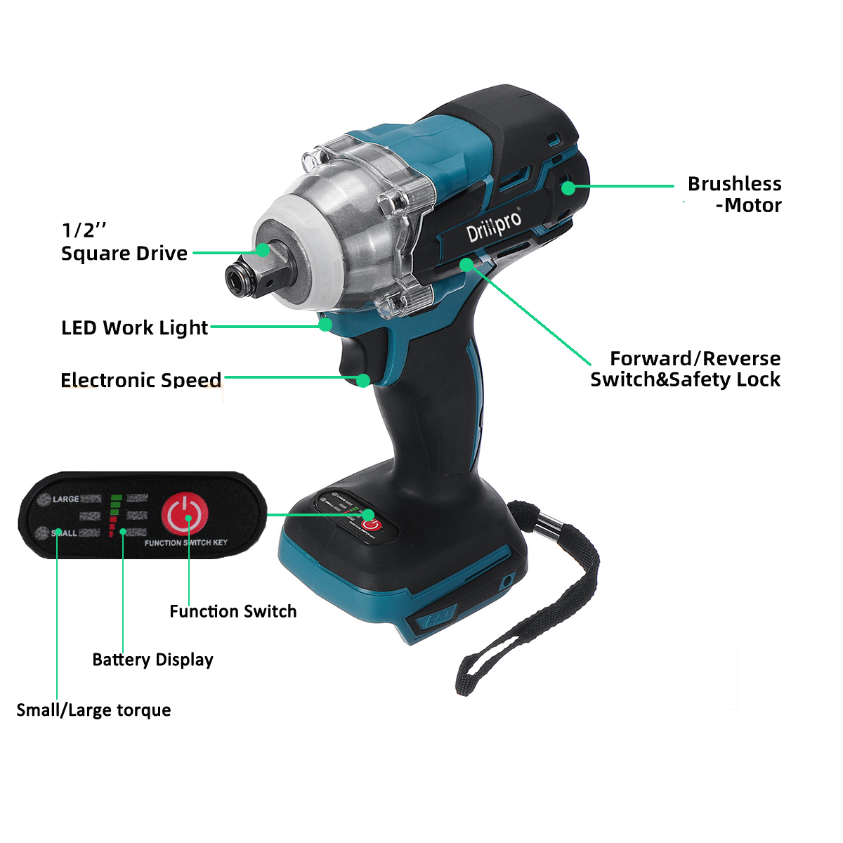 Drillpro18V520NM12Li-IonBrushlessCordlessImpactElectricWrenchDriverReplacementTool-1937344-2