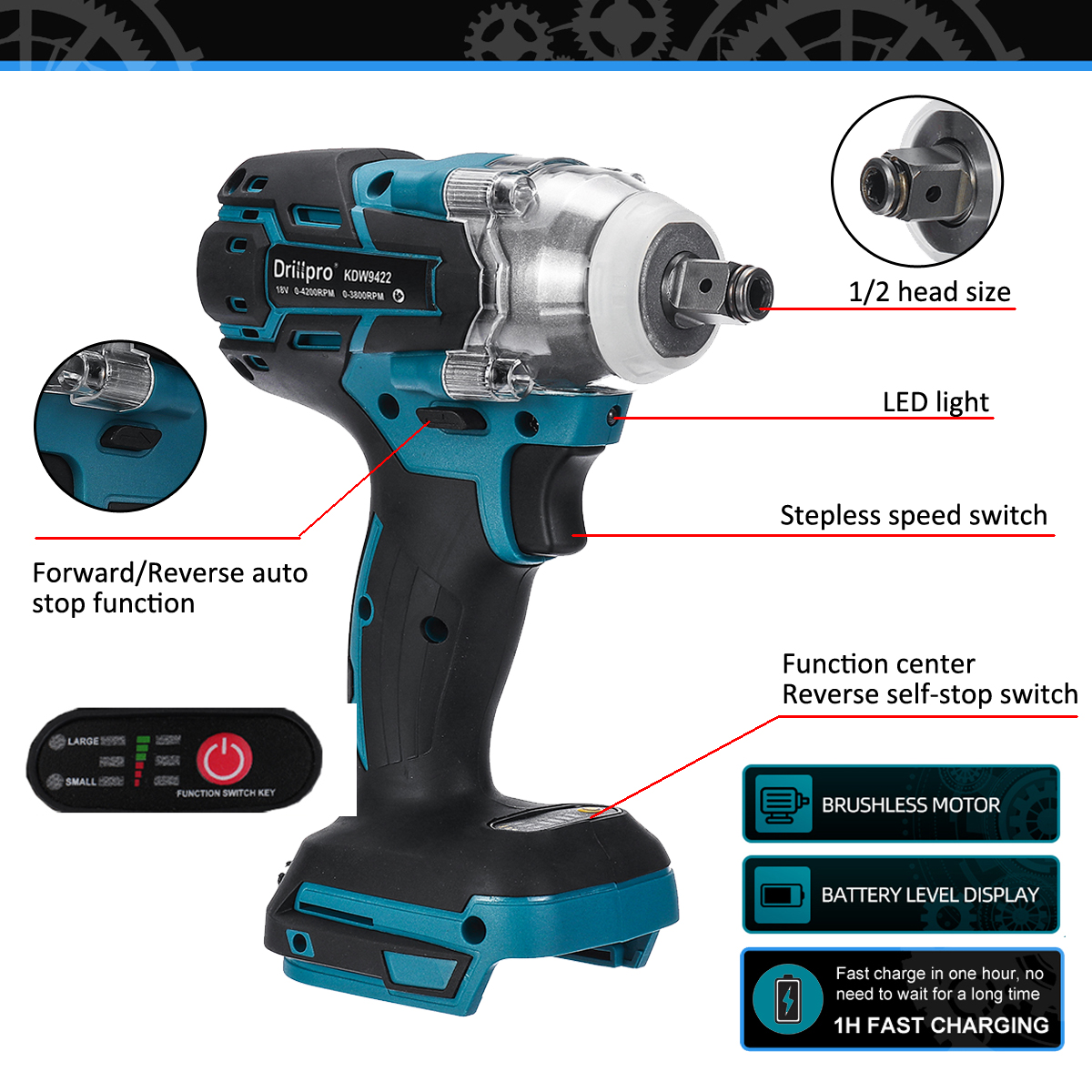 Drillpro18V520NM12Li-IonBrushlessCordlessImpactElectricWrenchDriverReplacementTool-1937344-4