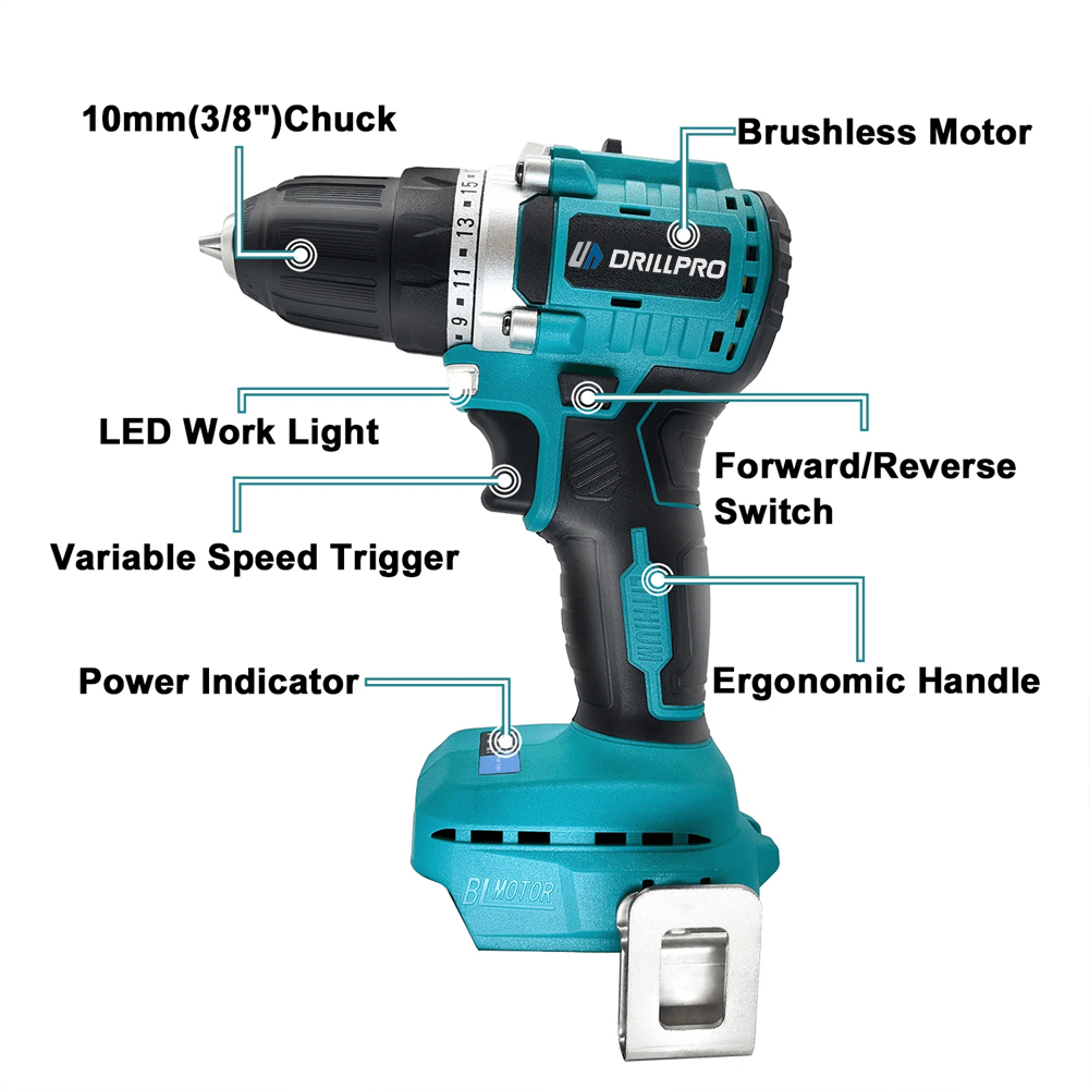 Drillpro18VBrushlessCordlessDrillPowerToolwithKeylessChuck2-SpeedControlCompactDesignLEDLightforHome-2006029-4
