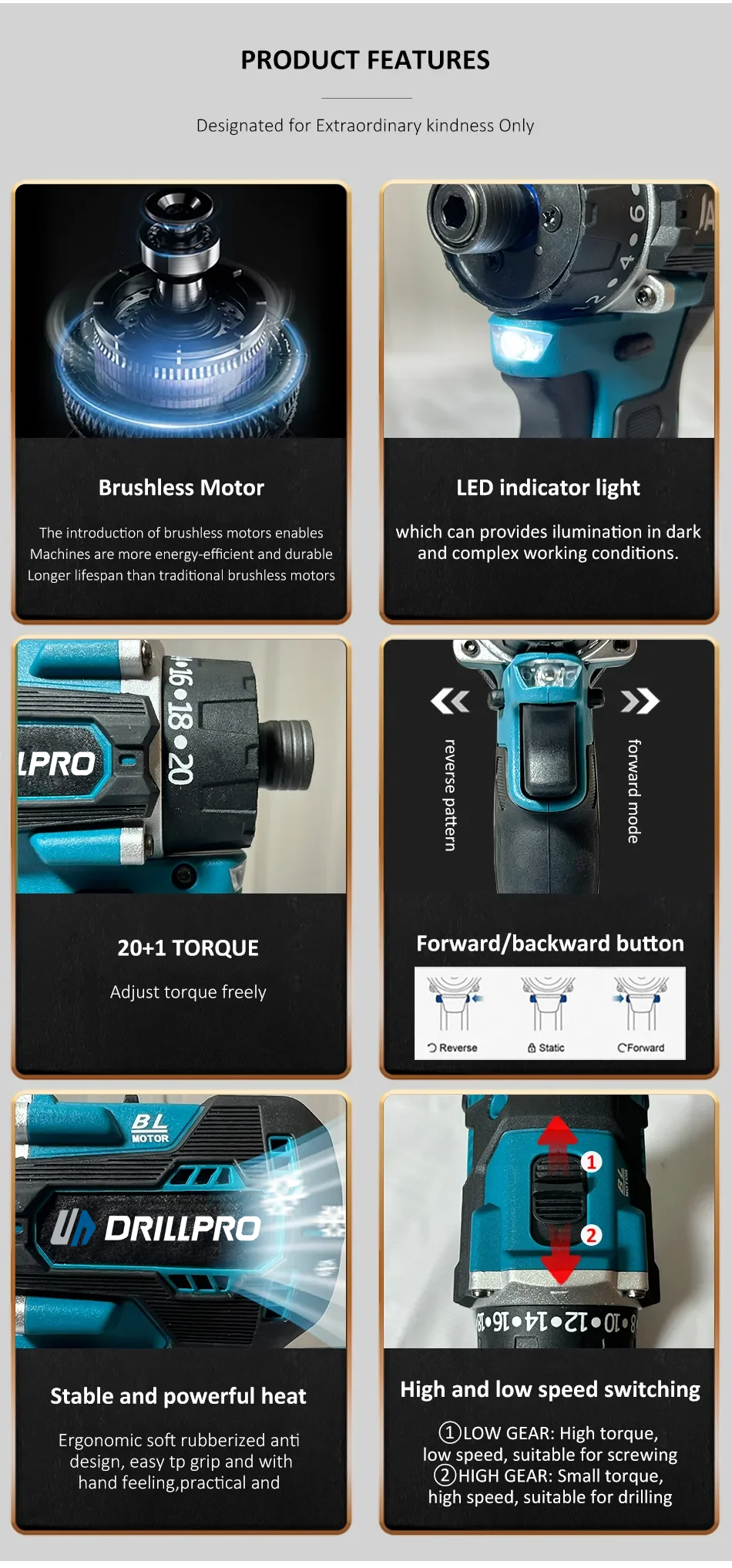 Drillpro201GearBrushlessElectricScrewdriver1000W4000rpmErgonomicDesignCompatiblewithmak20VBatteryfor-2009994-3