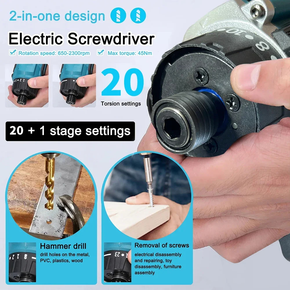 Drillpro201GearBrushlessElectricScrewdriver1000W4000rpmErgonomicDesignCompatiblewithmak20VBatteryfor-2009994-7