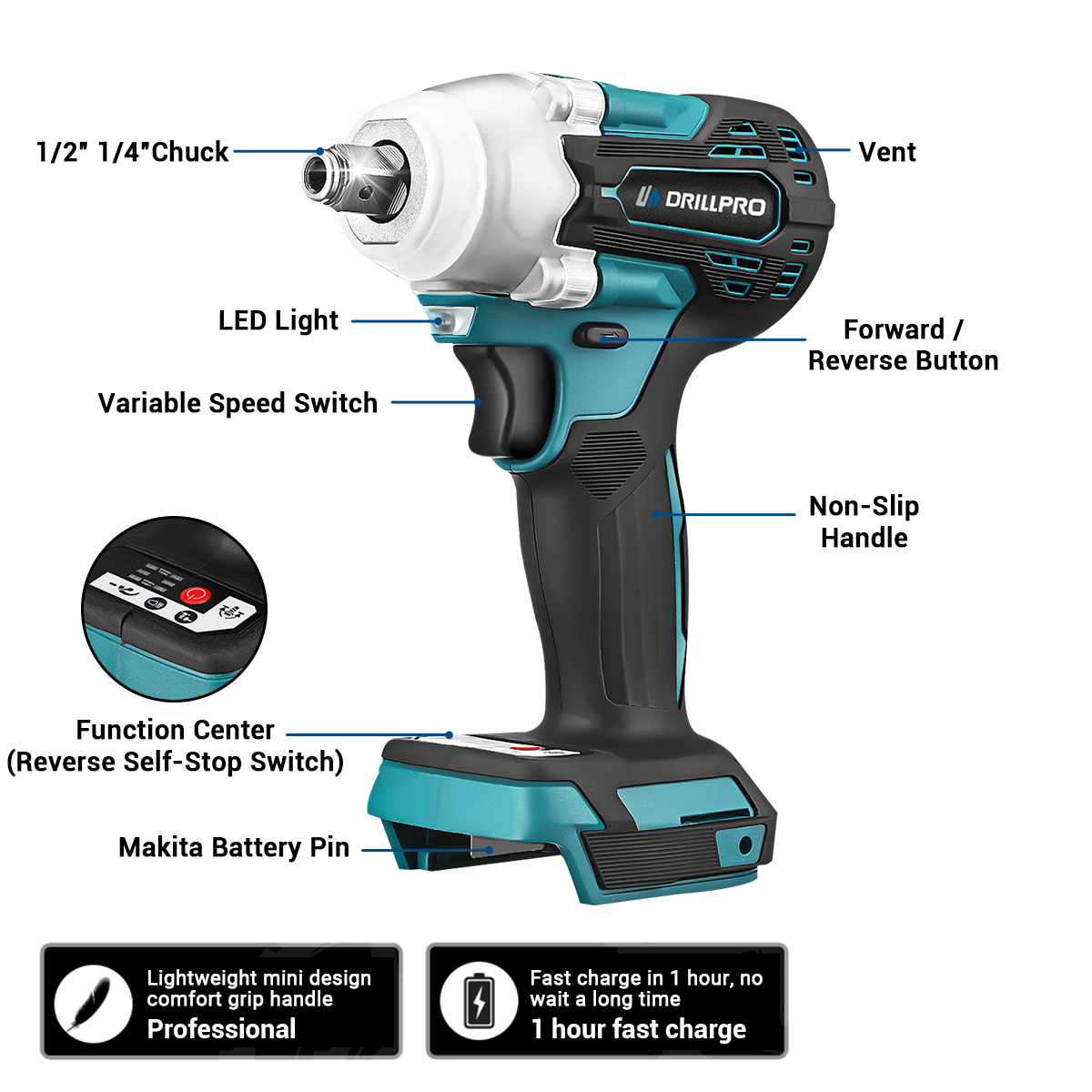 Drillpro2in1520NmBrushlessCordless12inchElectricImpactWrenchReplacementforMak18VBattery-1775592-3