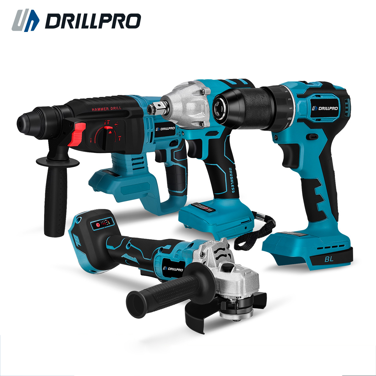 DrillproPowerToolSetElectricWrench125mmAngleGrinder13mmElectricDrillRotaryHammerCompatiblewithMakBat-2008311-1
