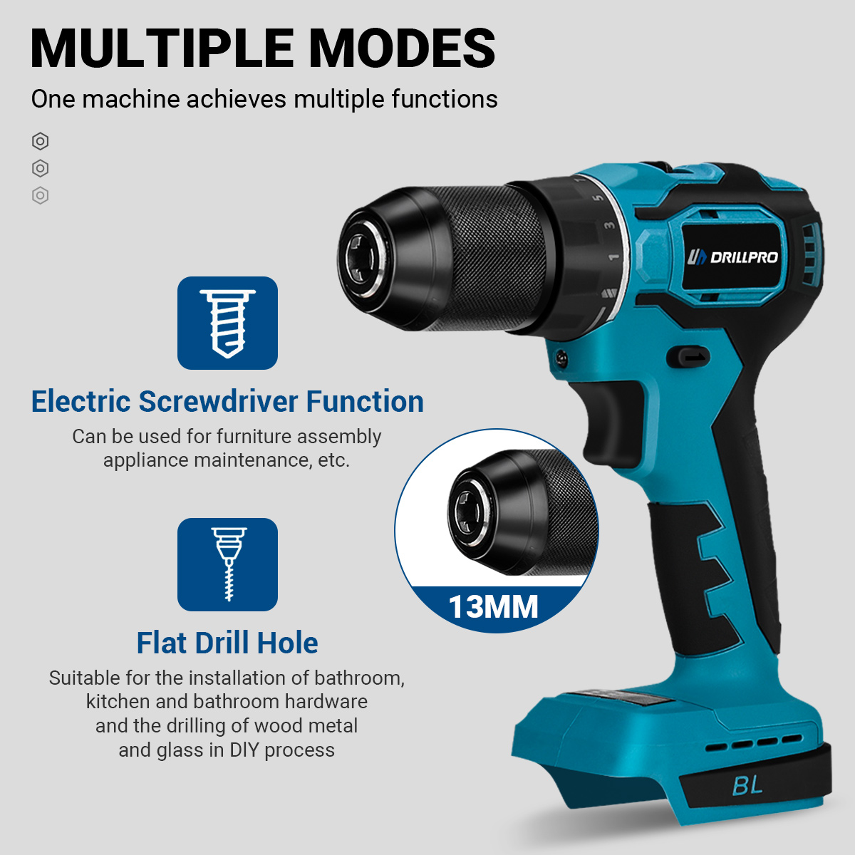 DrillproPowerToolSetElectricWrench125mmAngleGrinder13mmElectricDrillRotaryHammerCompatiblewithMakBat-2008311-3