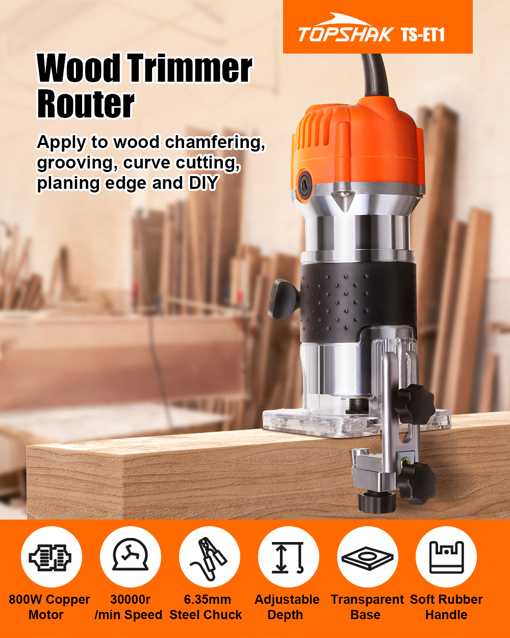 TopshakTS-ET1800W110V220VElectricWoodTrimmer635mmSteelChuckForWoodRouterChamferingGroovingCurveCutti-1809819-2