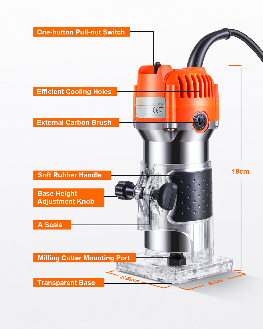 TopshakTS-ET1800W110V220VElectricWoodTrimmer635mmSteelChuckForWoodRouterChamferingGroovingCurveCutti-1809819-7