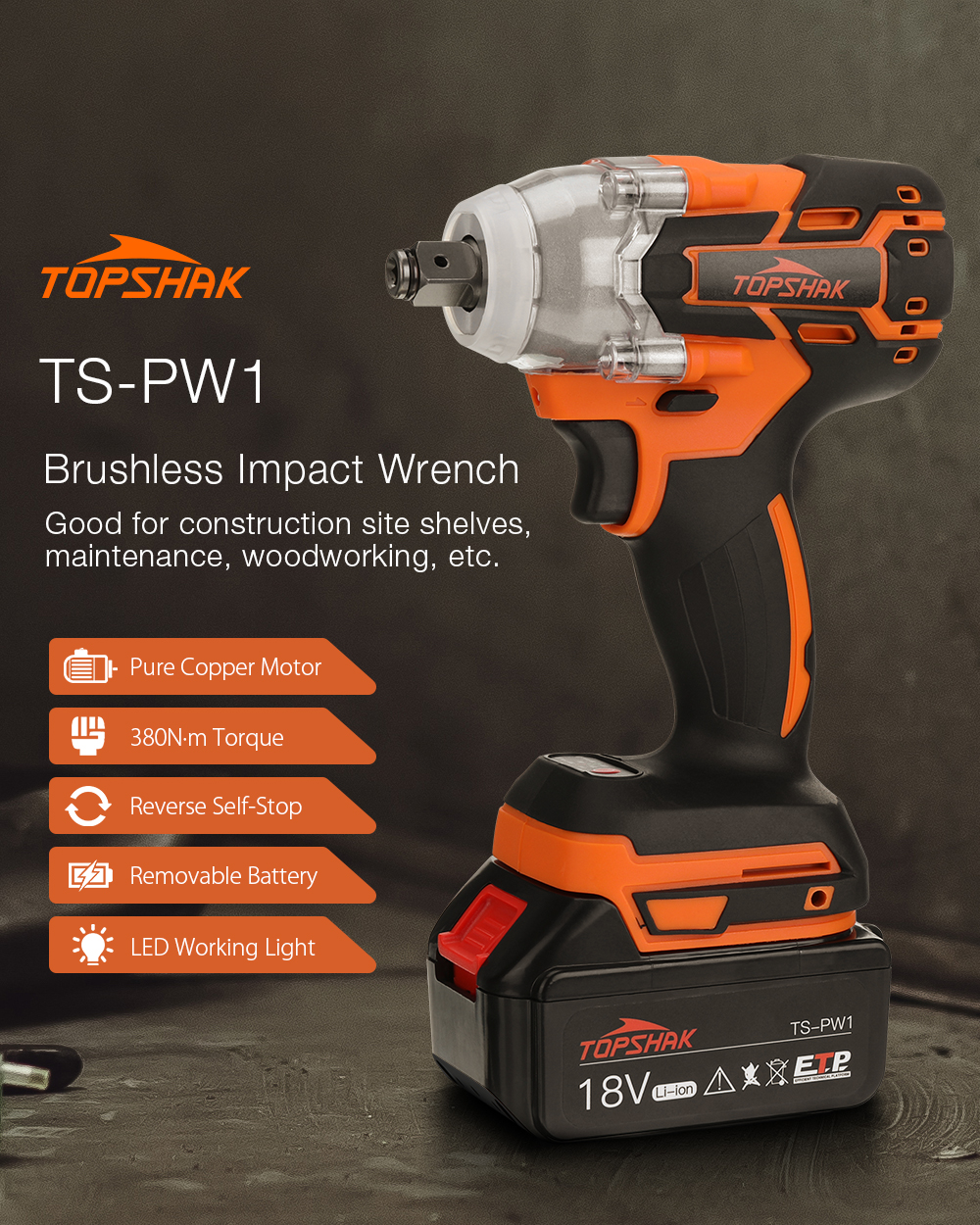 TopshakTS-PW1380NMBrushlessElectricImpactWrenchLEDWorkingLightRechargeableWoodworkingMaintenanceTool-1757855-1