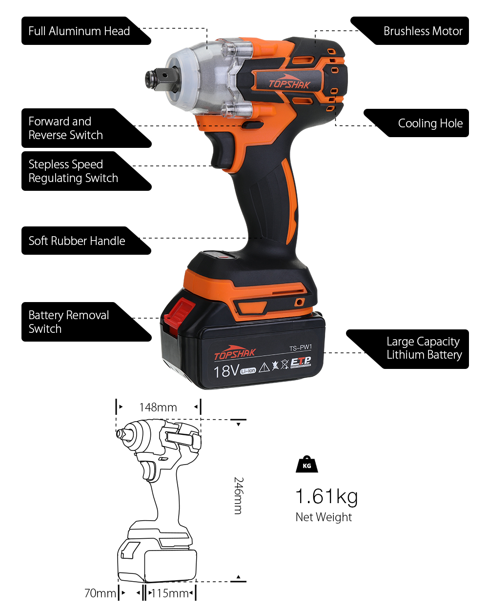 TopshakTS-PW1380NMBrushlessElectricImpactWrenchLEDWorkingLightRechargeableWoodworkingMaintenanceTool-1757855-7