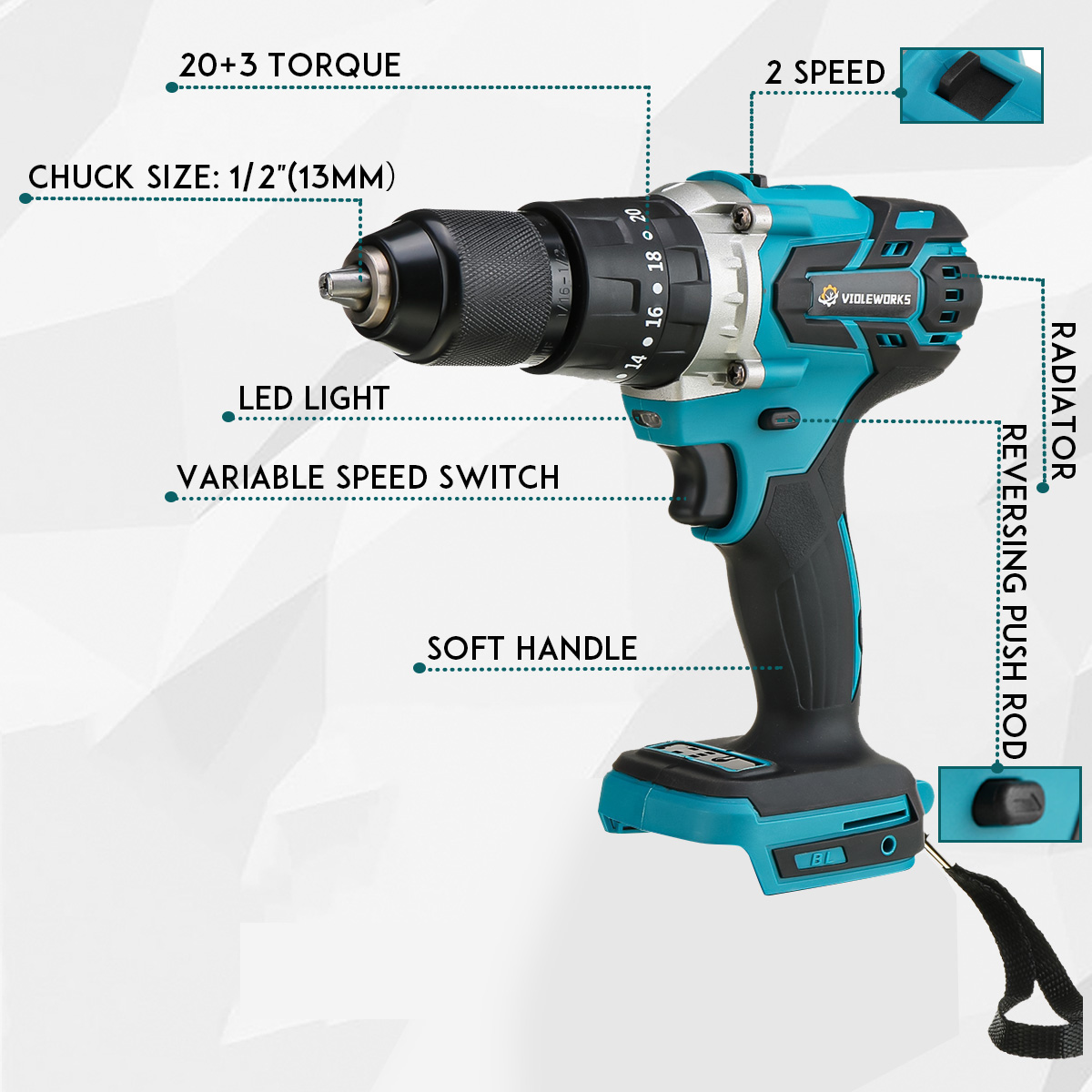 VIOLEWORKS203Torque13mm3In1350NMCordlessElectricImpactDrillDriverBrushlessDriverDrillHammerNoBattery-1989867-5