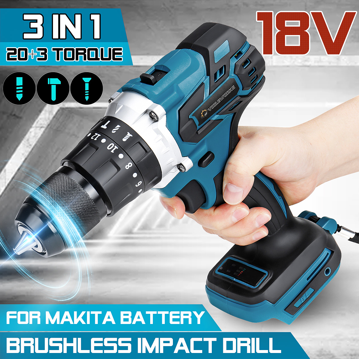 VIOLEWORKS203Torque13mm3In1350NMCordlessElectricImpactDrillDriverBrushlessDriverDrillHammerNoBattery-1989867-7