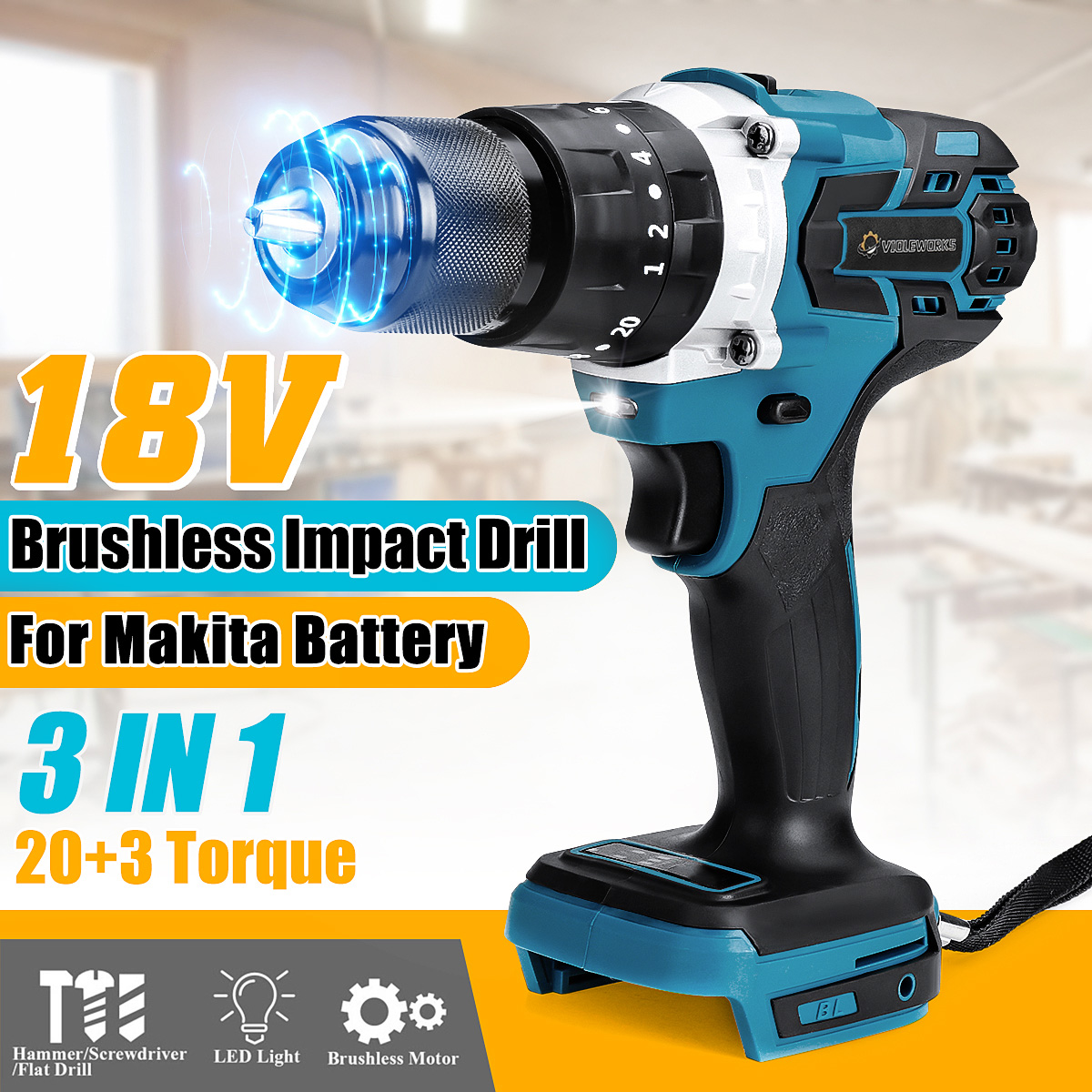 VIOLEWORKS203Torque13mm3In1350NMCordlessElectricImpactDrillDriverBrushlessDriverDrillHammerNoBattery-1989867-8