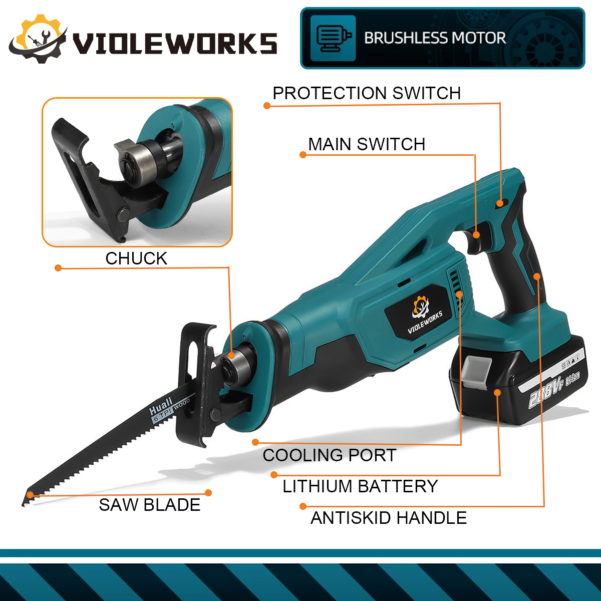 VIOLEWORKS288VF18VCordlessReciprocatingSaw4BladesWoodworkingCuttingToolW12pcsBatteryFor18VBattery-1835880-7