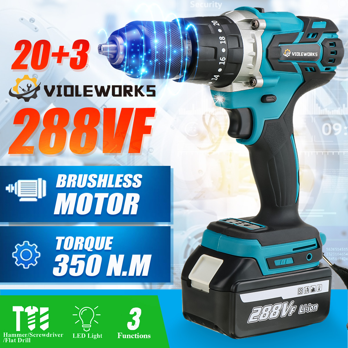 VIOLEWORKS288VF3In1CordlessElectricImpactDrillDriverBrushlessDriverDrillHammerwithEUPlugLEDWorkingLi-1834519-1