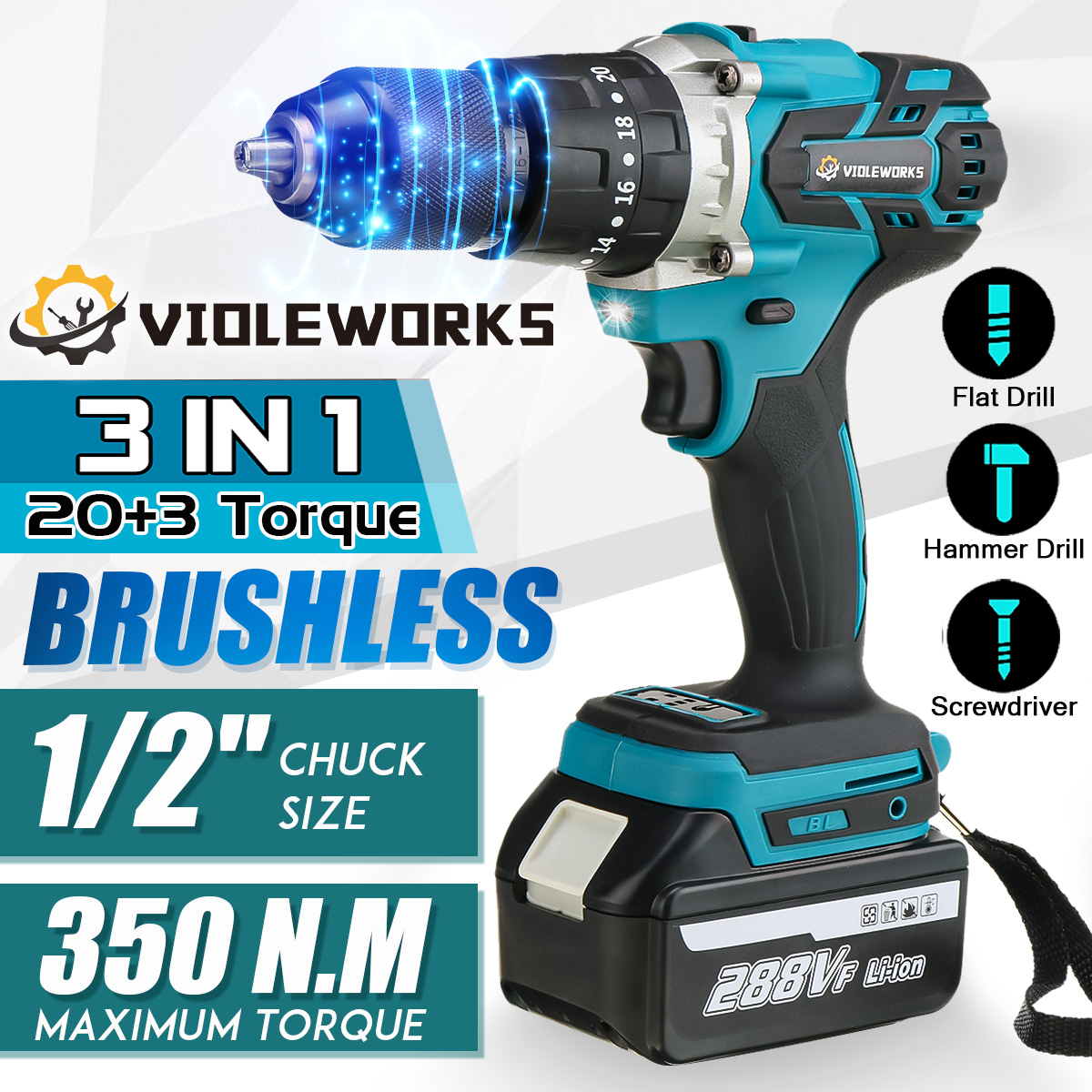 VIOLEWORKS288VF3In1CordlessElectricImpactDrillDriverBrushlessDriverDrillHammerwithEUPlugLEDWorkingLi-1834519-2