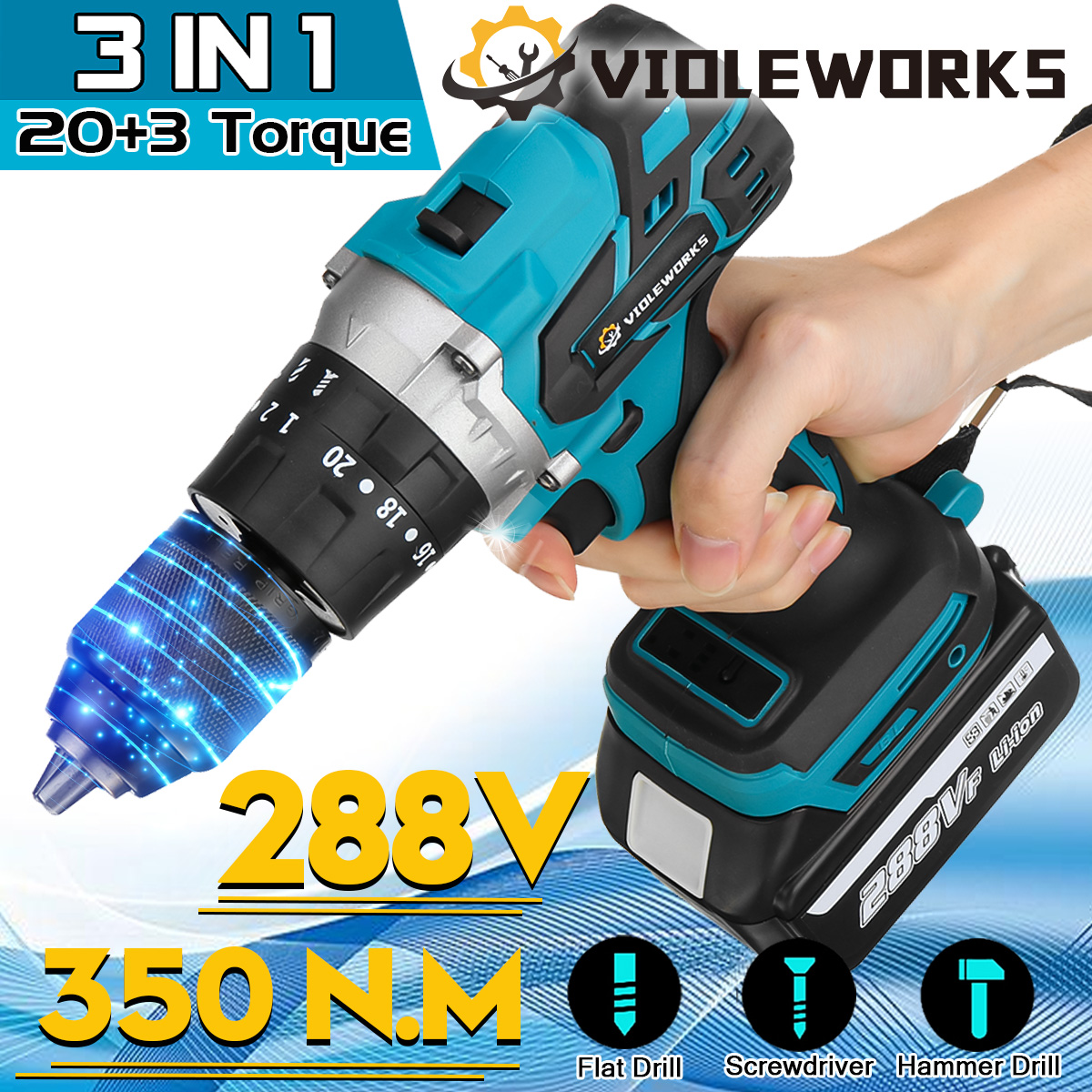 VIOLEWORKS288VF3In1CordlessElectricImpactDrillDriverBrushlessDriverDrillHammerwithEUPlugLEDWorkingLi-1834519-3