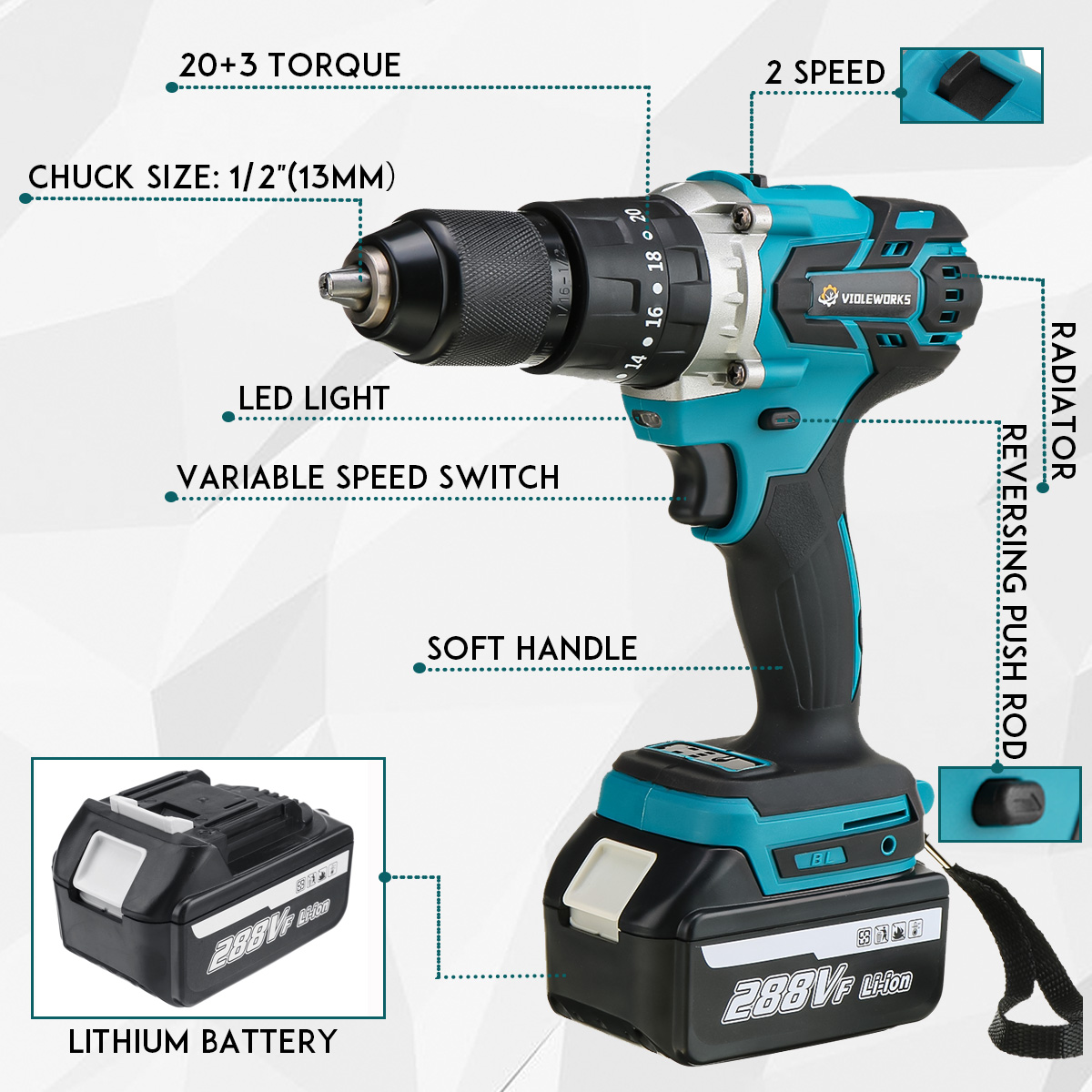 VIOLEWORKS288VF3In1CordlessElectricImpactDrillDriverBrushlessDriverDrillHammerwithEUPlugLEDWorkingLi-1834519-4
