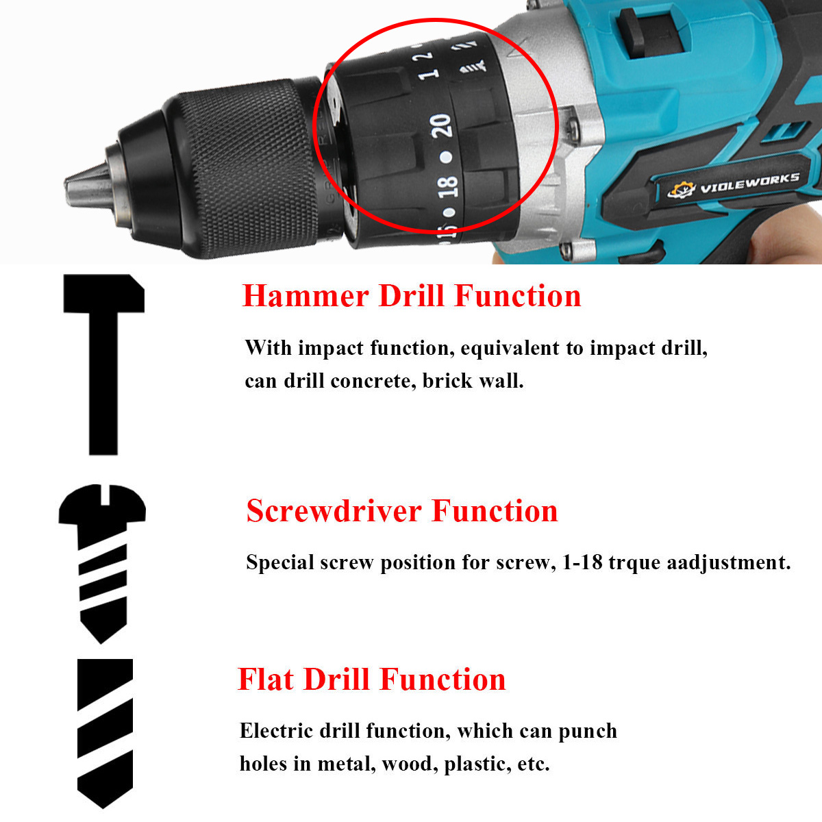 VIOLEWORKS288VF3In1CordlessElectricImpactDrillDriverBrushlessDriverDrillHammerwithEUPlugLEDWorkingLi-1834519-5