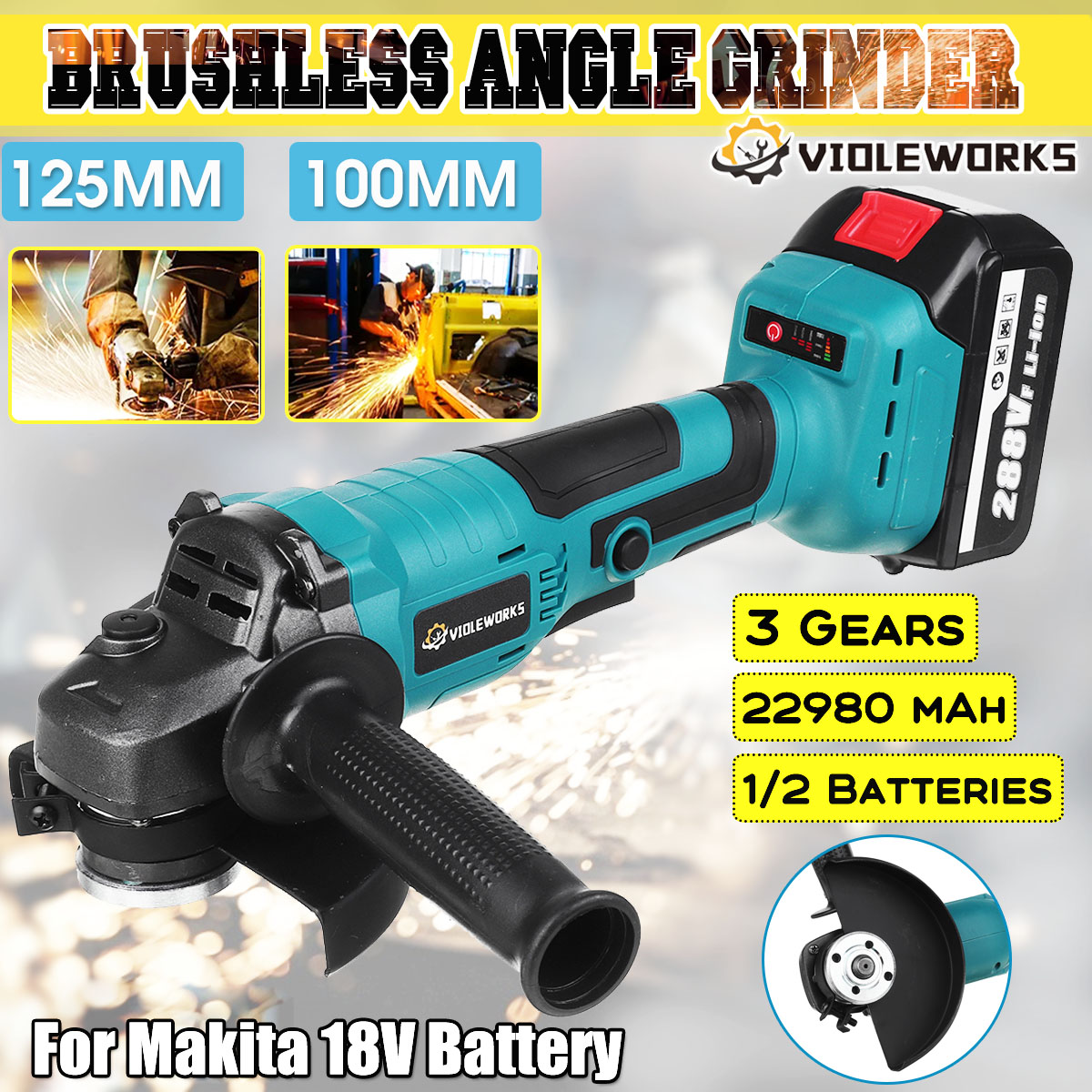 VIOLEWORKS288VFCordlessAngleGrinder3GearsBrushlessElectric100mm125mmPolishingMachineW1pcor2pcsBatter-1797514-1