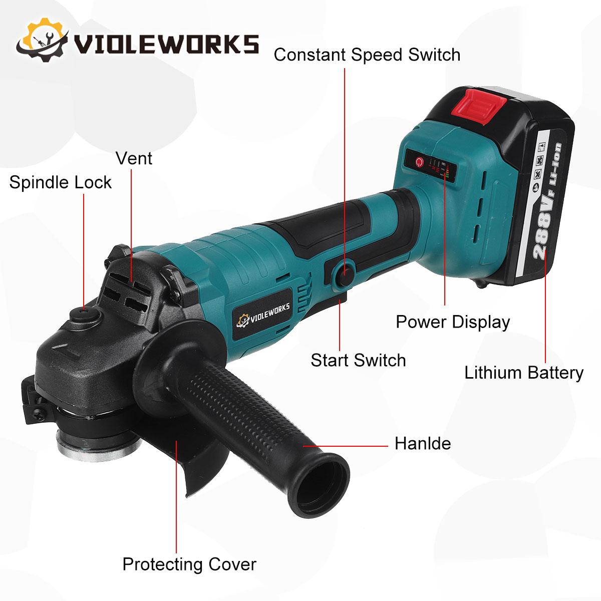 VIOLEWORKS288VFCordlessAngleGrinder3GearsBrushlessElectric100mm125mmPolishingMachineW1pcor2pcsBatter-1797514-7