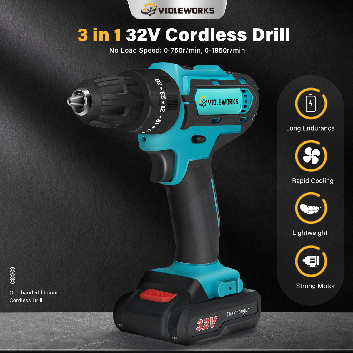 VIOLEWORKS2SpeedPowerDrills6000maAhCordlessDrill3IN1ElectricScrewdriverHammerDrillwith2pcsBatteries-1416071-1