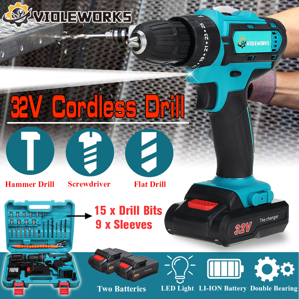 VIOLEWORKS2SpeedPowerDrills6000maAhCordlessDrill3IN1ElectricScrewdriverHammerDrillwith2pcsBatteries-1416071-2