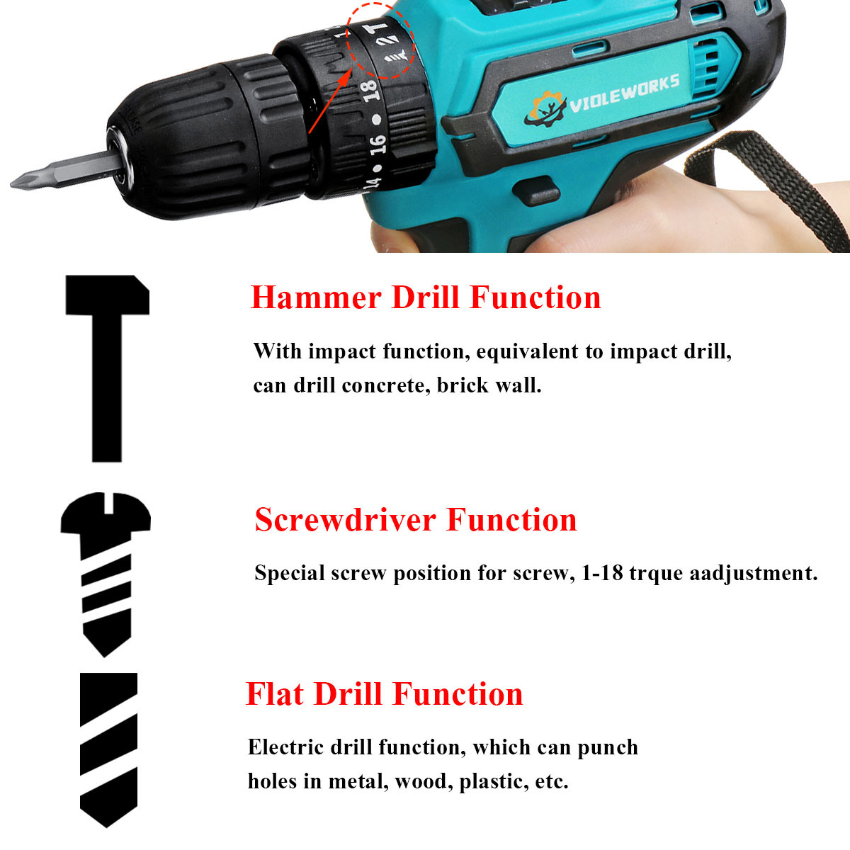 VIOLEWORKS2SpeedPowerDrills6000maAhCordlessDrill3IN1ElectricScrewdriverHammerDrillwith2pcsBatteries-1416071-4