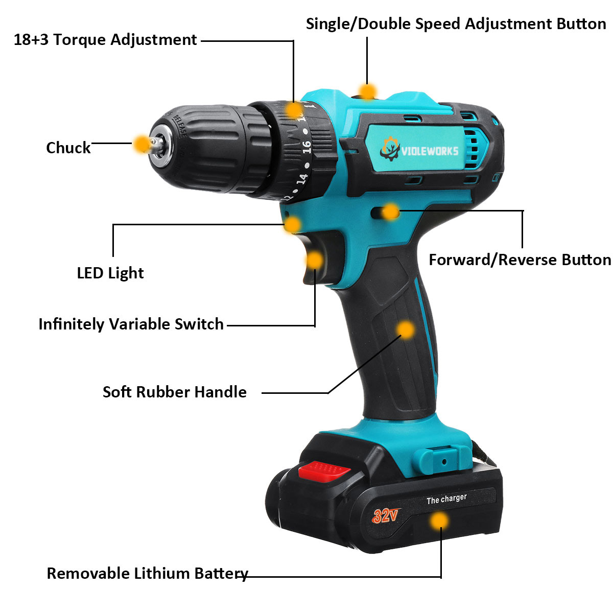 VIOLEWORKS2SpeedPowerDrills6000maAhCordlessDrill3IN1ElectricScrewdriverHammerDrillwith2pcsBatteries-1416071-5