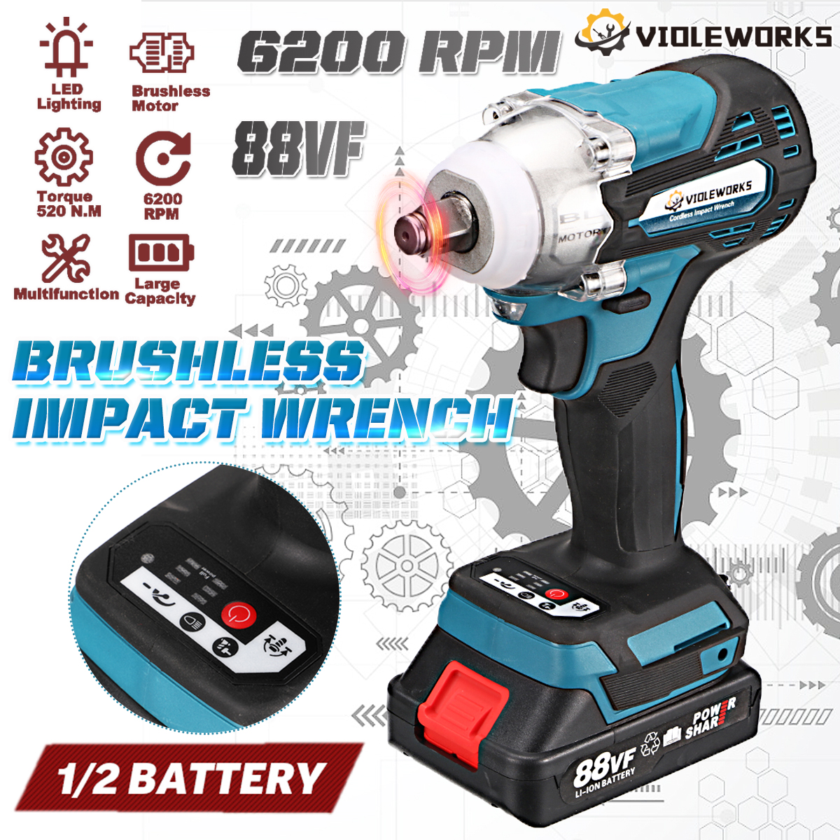 VIOLEWORKS88VF12520NMElectricWrenchCordlessBrushlessImpactWrenchW12pcsBattery-1833248-1