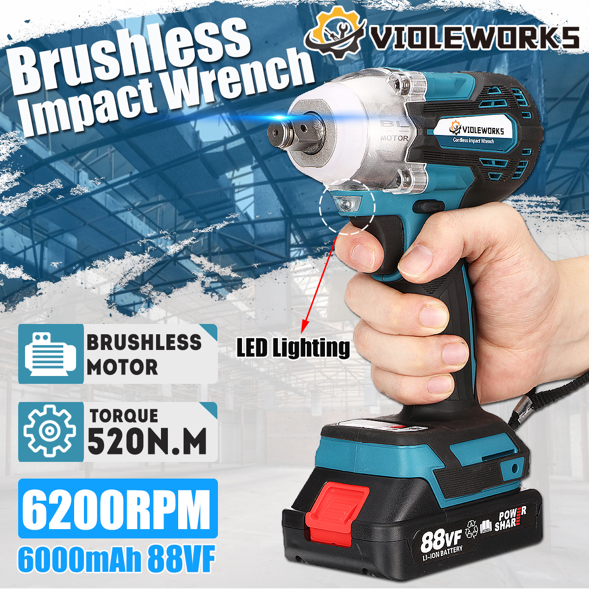 VIOLEWORKS88VF12520NMElectricWrenchCordlessBrushlessImpactWrenchW12pcsBattery-1833248-2
