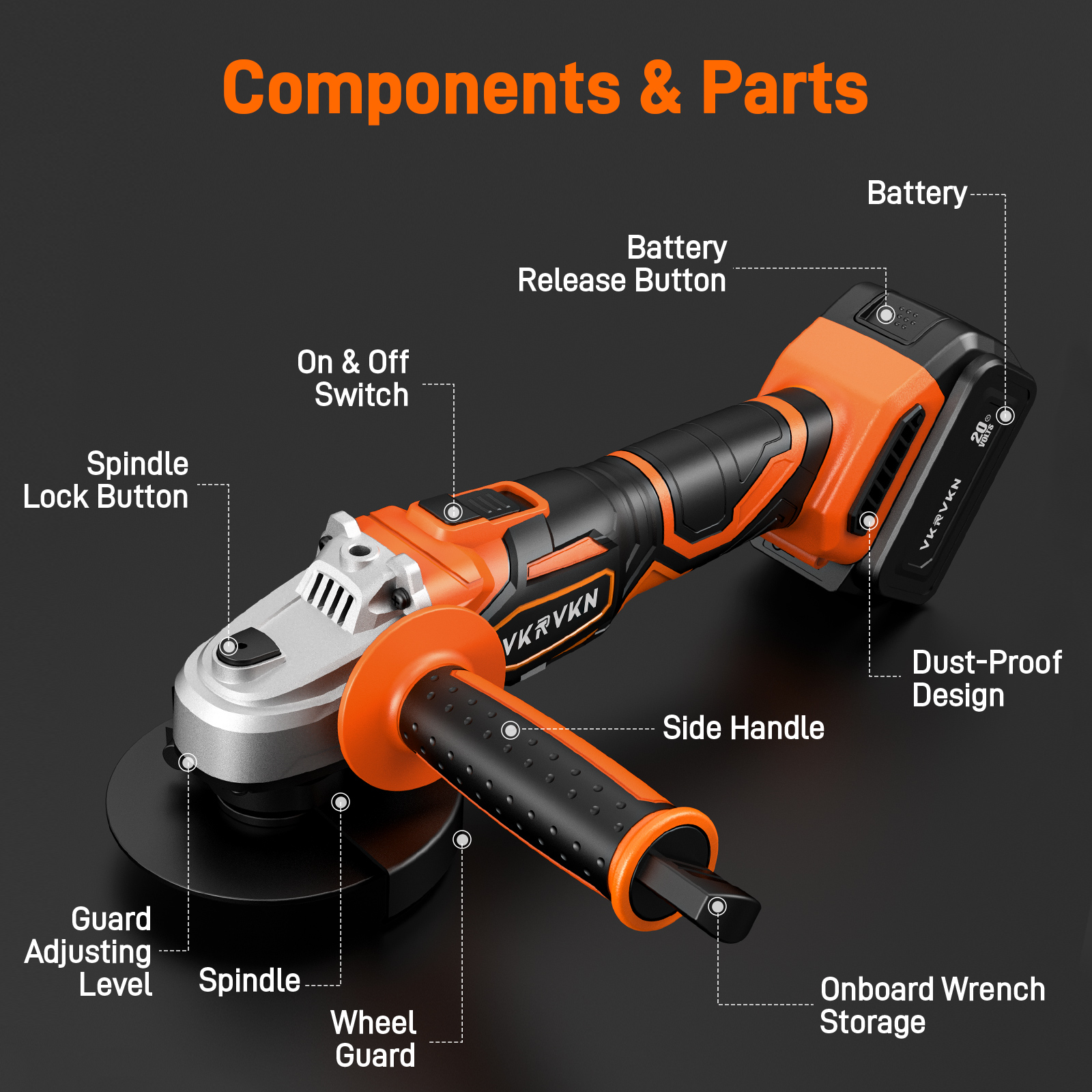 VKRVKN220V8000RPMCordlessAngleGrinderLi-IonBatteryPowerAngleGrinders3-PositionErgonomicHandleDust-Pr-2007865-2
