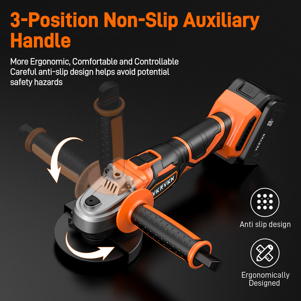 VKRVKN220V8000RPMCordlessAngleGrinderLi-IonBatteryPowerAngleGrinders3-PositionErgonomicHandleDust-Pr-2007865-6