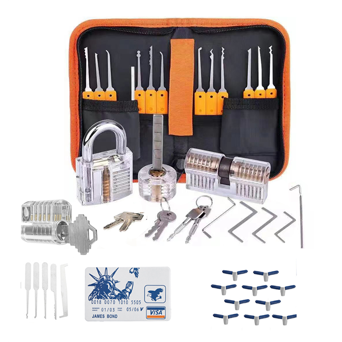 44PCSOrangePicksandPadlocksSetwithSpringSteelToolsTransparentPadlocksandAutomaticUnlockingGunforMech-2005468-1