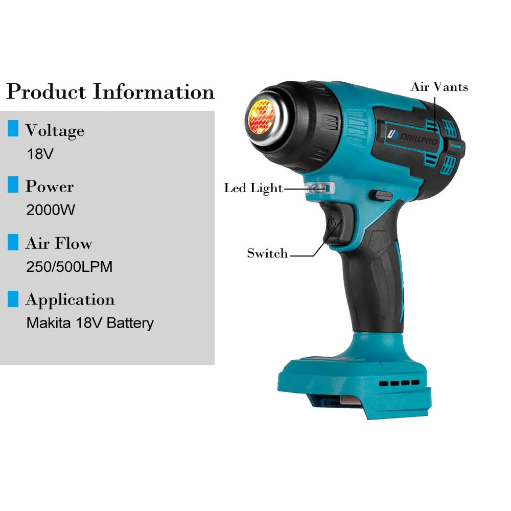 Drillpro2000WElectricHeatGunwith18VPowerandHigh-QualityCeramicHeatingCoreFeatures3PCSQuickDismantlin-2006049-3