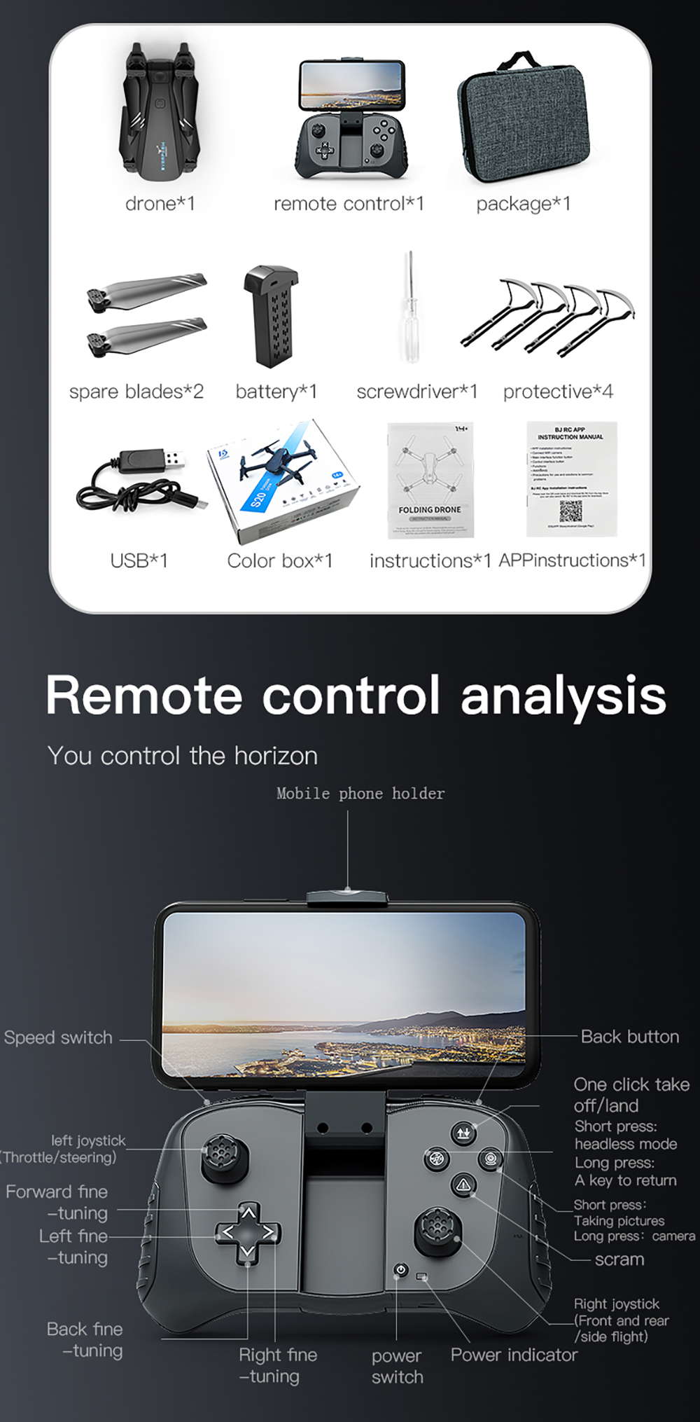 S20WiFiFPVwith720PHDDualCameraOpticalFlowPositioningAPPVoiceControlFoldableRCDroneQuadcopterRTF-2004861-23