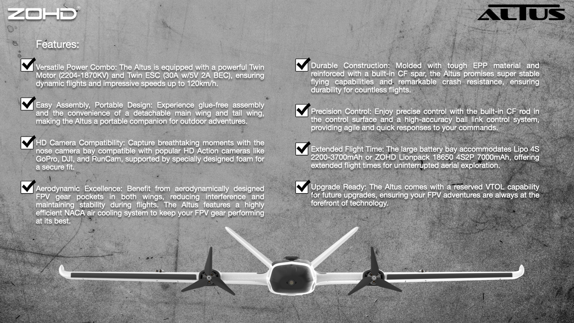 ZOHDAltus980mmWingspanTwinMotorV-TailEPPFPVRCAirplaneKITPNPReservedVTOLCapabilityCompatibleGoProDJIR-2009358-3