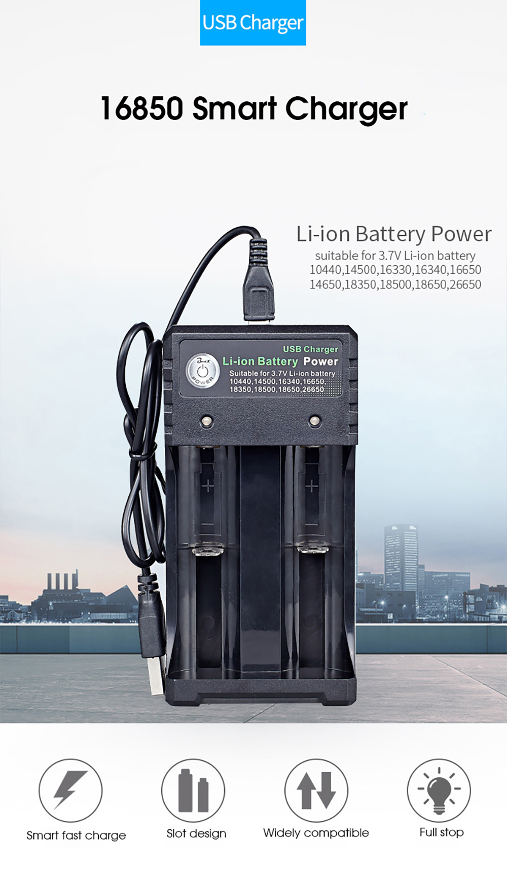 2Slot18650BatteryChargerCH2USBDC5V1-2AInputDC42V1000mAOutputfor37VLi-ionBattery104401450016340166501-1994291-1