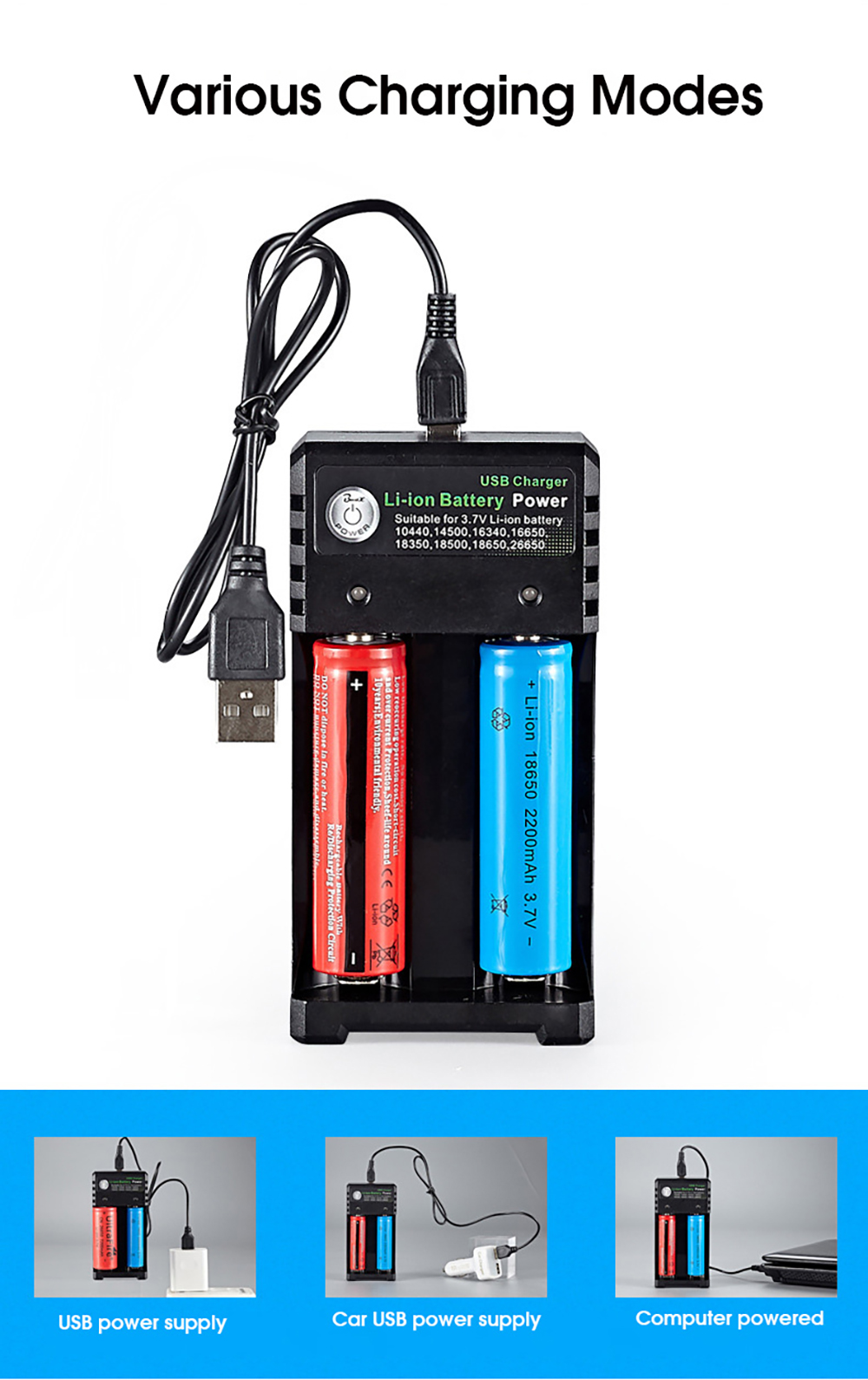 2Slot18650BatteryChargerCH2USBDC5V1-2AInputDC42V1000mAOutputfor37VLi-ionBattery104401450016340166501-1994291-6