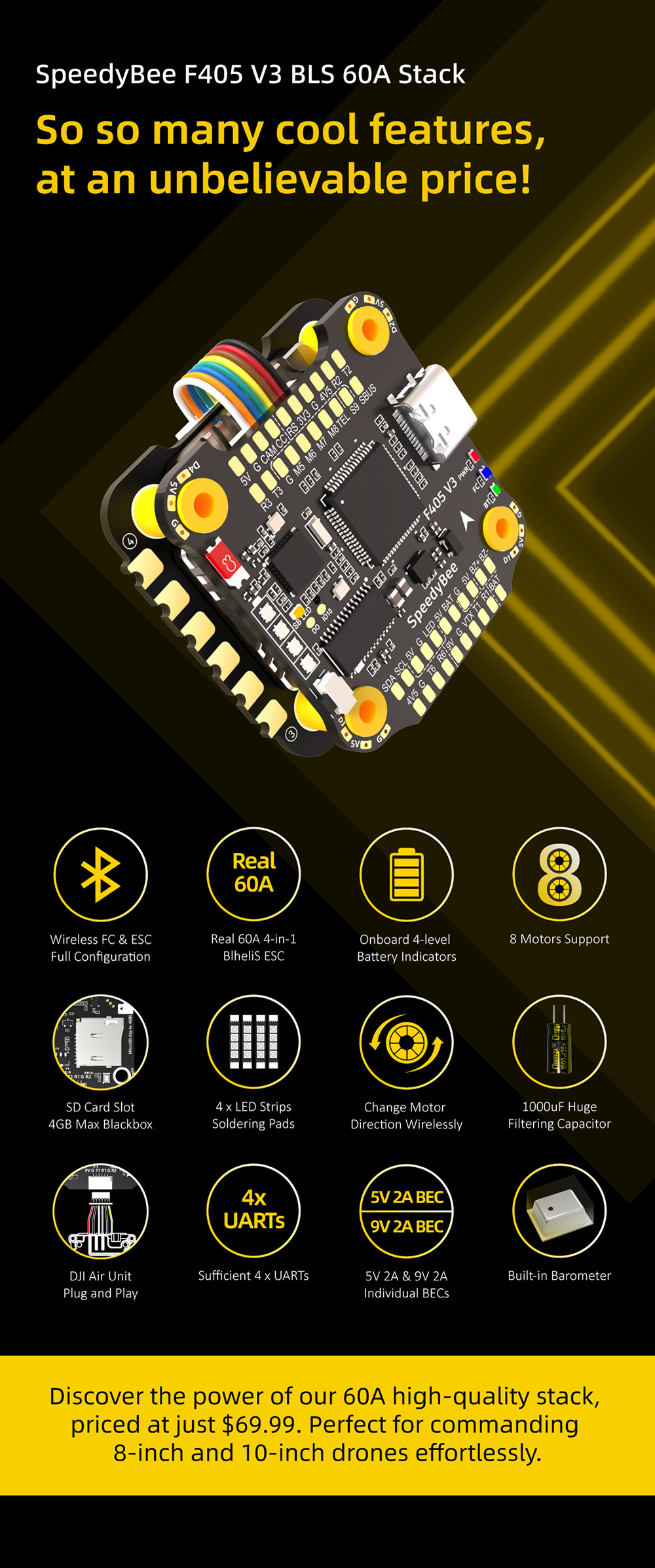 305x305mmSpeedyBeeF405V3BLS60A4In1ESCF4OSDFlightController3-6Swith9V5V33VBECOutputStackforRCDroneFPV-2008622-1